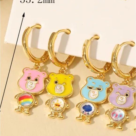 14K Gold Care Bears Theme Huggie Hoop Mismatched Asymmetrical Earrings Set - Picture 2 of 4